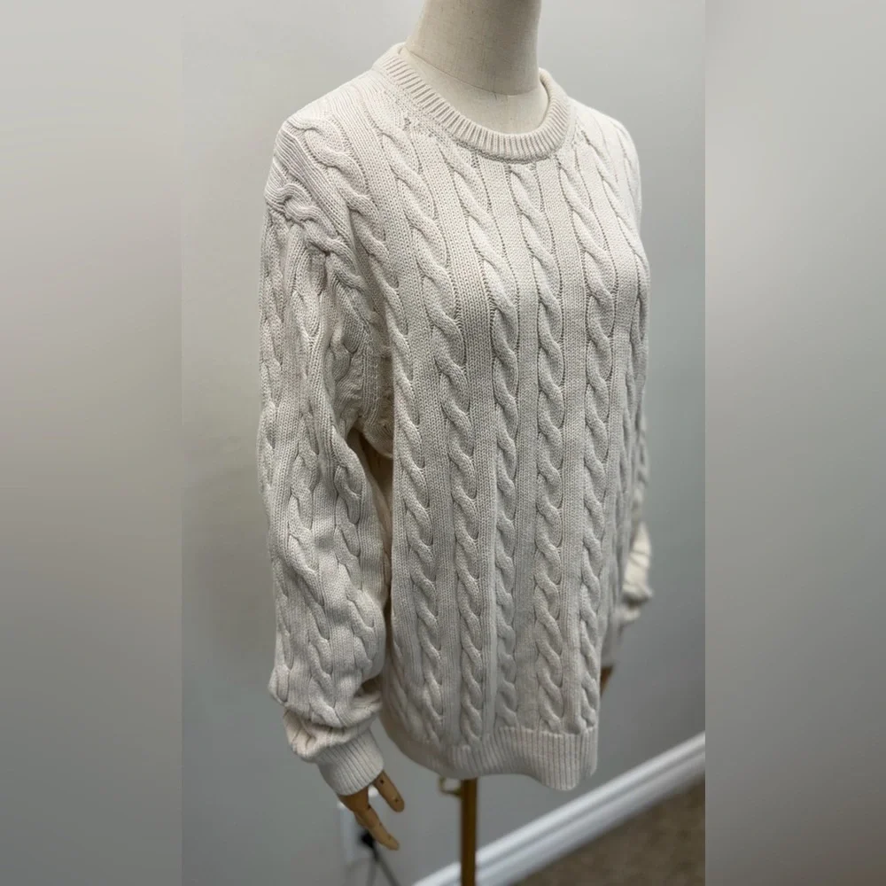 J.Crew Cable Knit Sweater Cream Ivory 100% Cotton Long Sleeve Size L